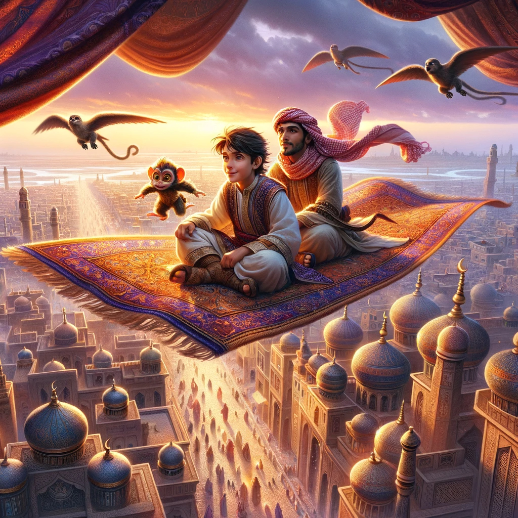 DALL·E 2023-11-22 18.12.20 - A series of images depicting a young Middle-Eastern man and his small monkey, both dressed in traditional Arabian attire, flying on a magical carpet. .png