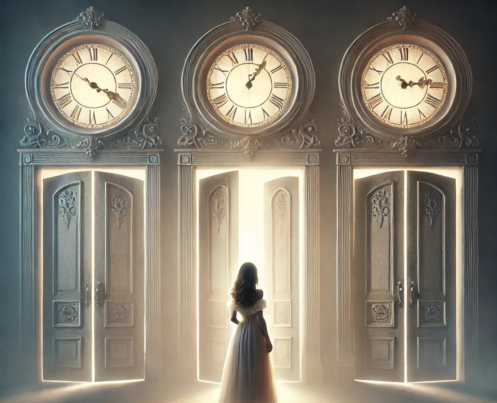 DALL·E 2025-05-01 03.49.43 - A surreal and dreamlike scene featuring three large, mysterious doors standing side by side in a misty, otherworldly space. Each door has a unique ant.jpg