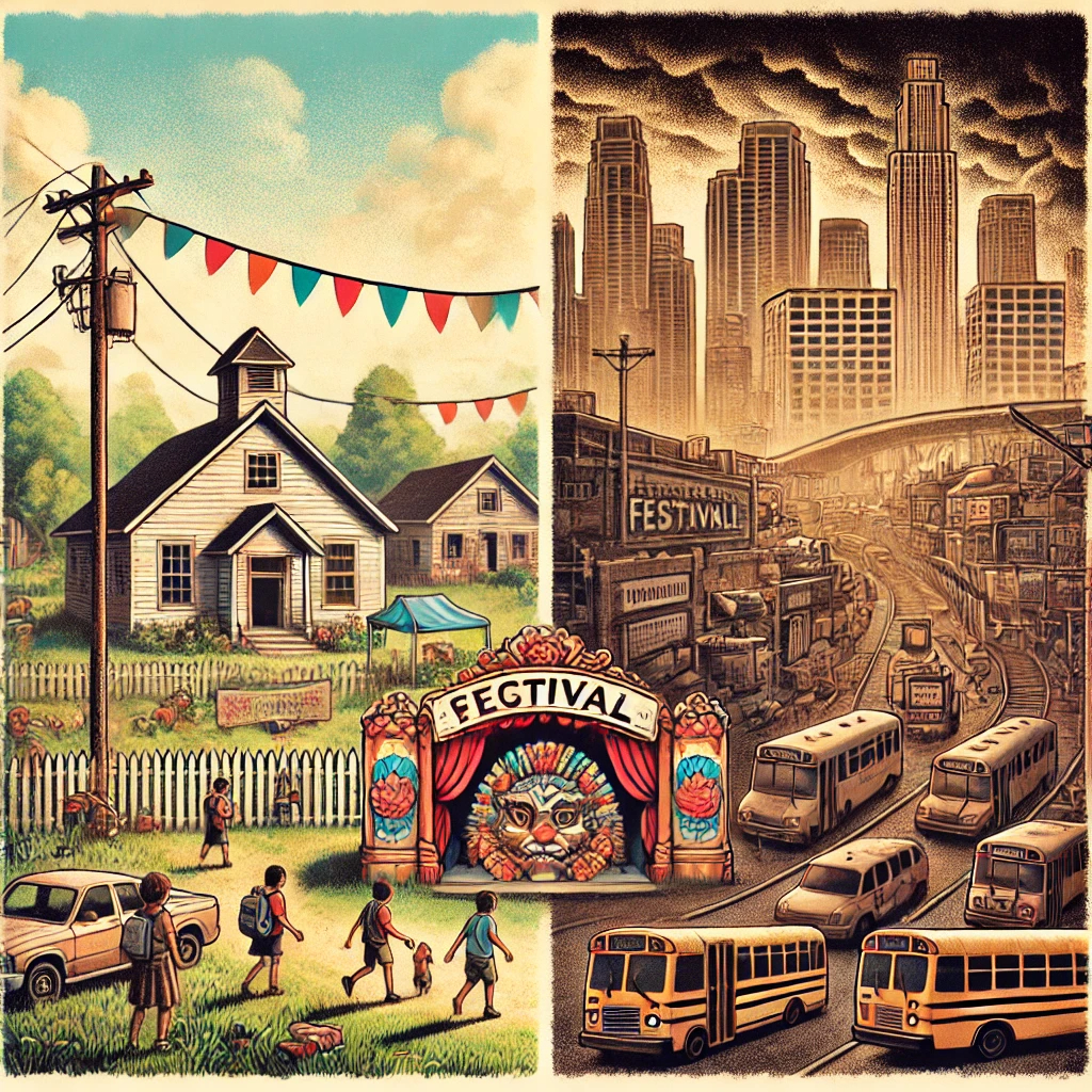DALL·E 2025-01-05 22.53.16 - An illustrative image depicting the societal impacts of declining birthrates and depopulation. On one side, a rural town with empty schools, abandoned.png