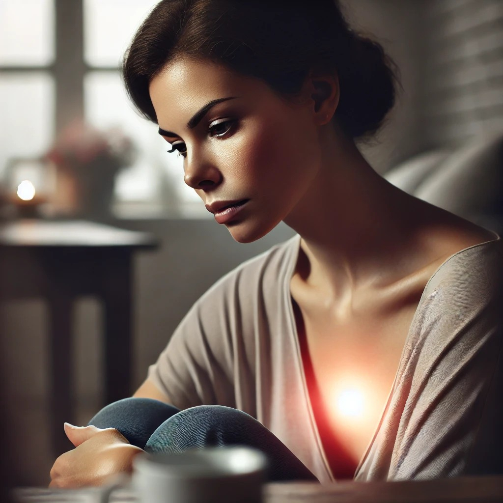 DALL·E 2025-07-10 17.50.32 - A thoughtful woman in her 30s sitting quietly alone after a difficult conversation with her parents. She appears slightly emotional, looking down or o.jpg