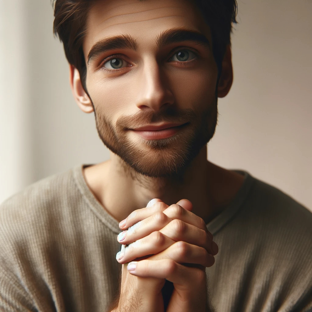 DALL·E 2024-02-14 11.11.42 - An image of a person with a hopeful expression, gently clasping their hands together as if wishing or pleading. The person is looking directly at the .png
