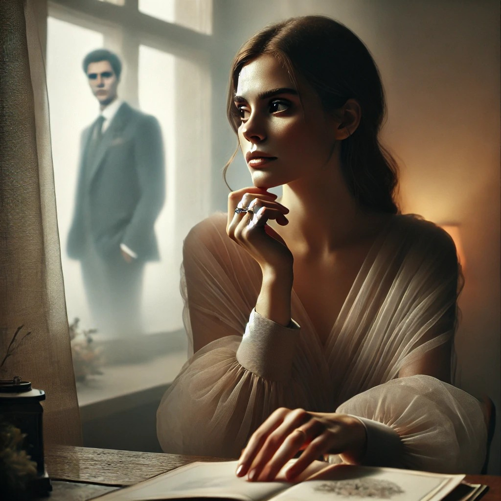 DALL·E 2025-07-19 22.36.07 - A thoughtful and emotionally conflicted woman in her late 20s or early 30s, sitting alone in a softly lit room. She wears an elegant but understated o.jpg