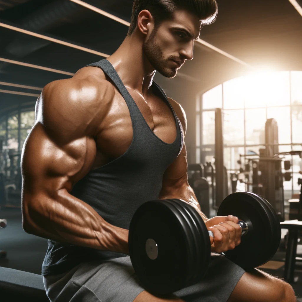 DALL·E 2024-04-03 06.38.39 - A muscular man engaging in strength training, lifting weights in a well-equipped gym. The man is focused and determined, showcasing his well-defined m.png