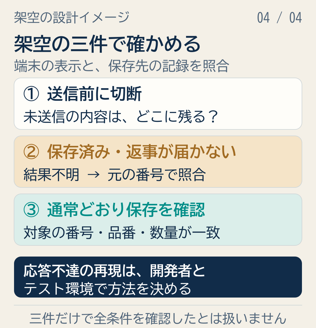 送信前切断と保存済み応答不達と正常保存の架空三件を確認する手順図.png