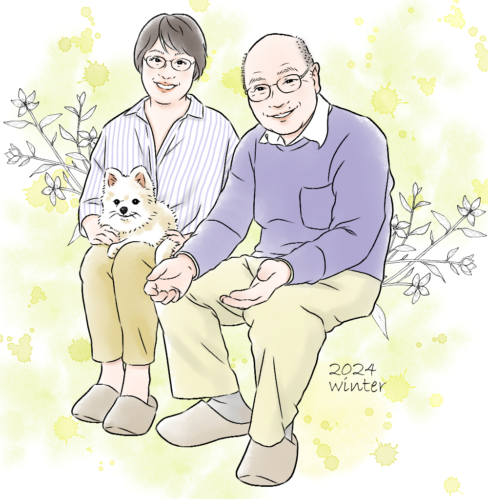 犬を抱く老夫婦　水彩.jpg