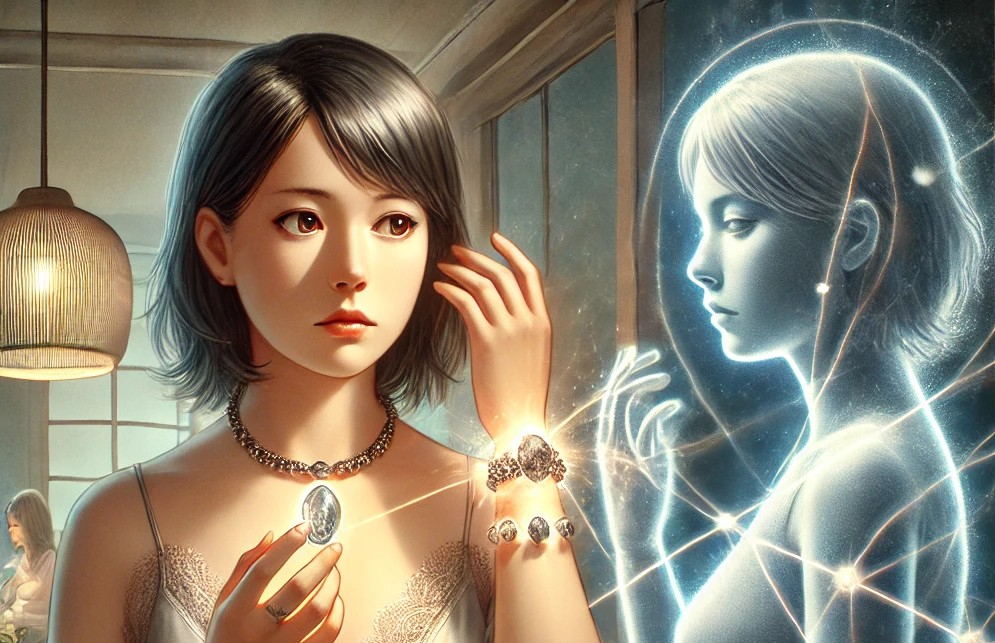 DALL·E 2025-06-06 19.01.17 - A symbolic and slightly mystical illustration for a spiritual blog titled 'The Hidden Risk of Energy-Infused Stones'. A Japanese woman in her 30s look.jpg