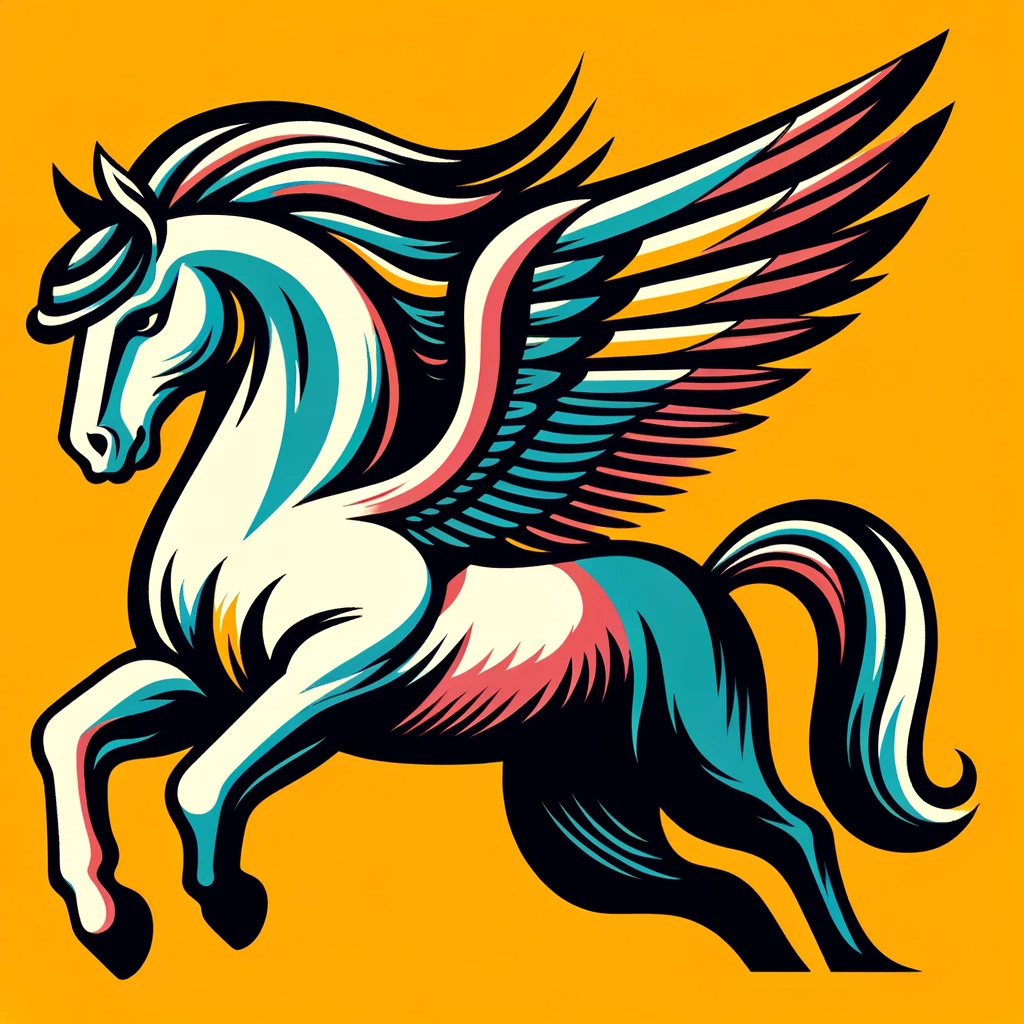DALL·E 2023-11-25 18.34.09 - A silk screen print style image of a Pegasus, featuring vivid color separation and bold shapes characteristic of silk screen art. The Pegasus is depic.png