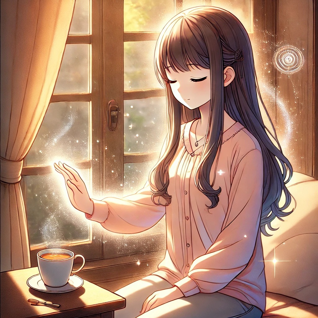 DALL·E 2025-03-23 15.11.10 - An anime-style illustration of a young woman gently resetting her energy after a tiring social interaction. She sits peacefully near an open window wi.jpg