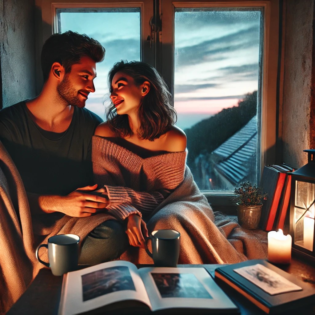 DALL·E 2025-07-11 11.49.10 - A loving couple deeply engaged in conversation until morning. They are sitting together in a cozy living room or on a balcony, wrapped in soft blanket.jpg