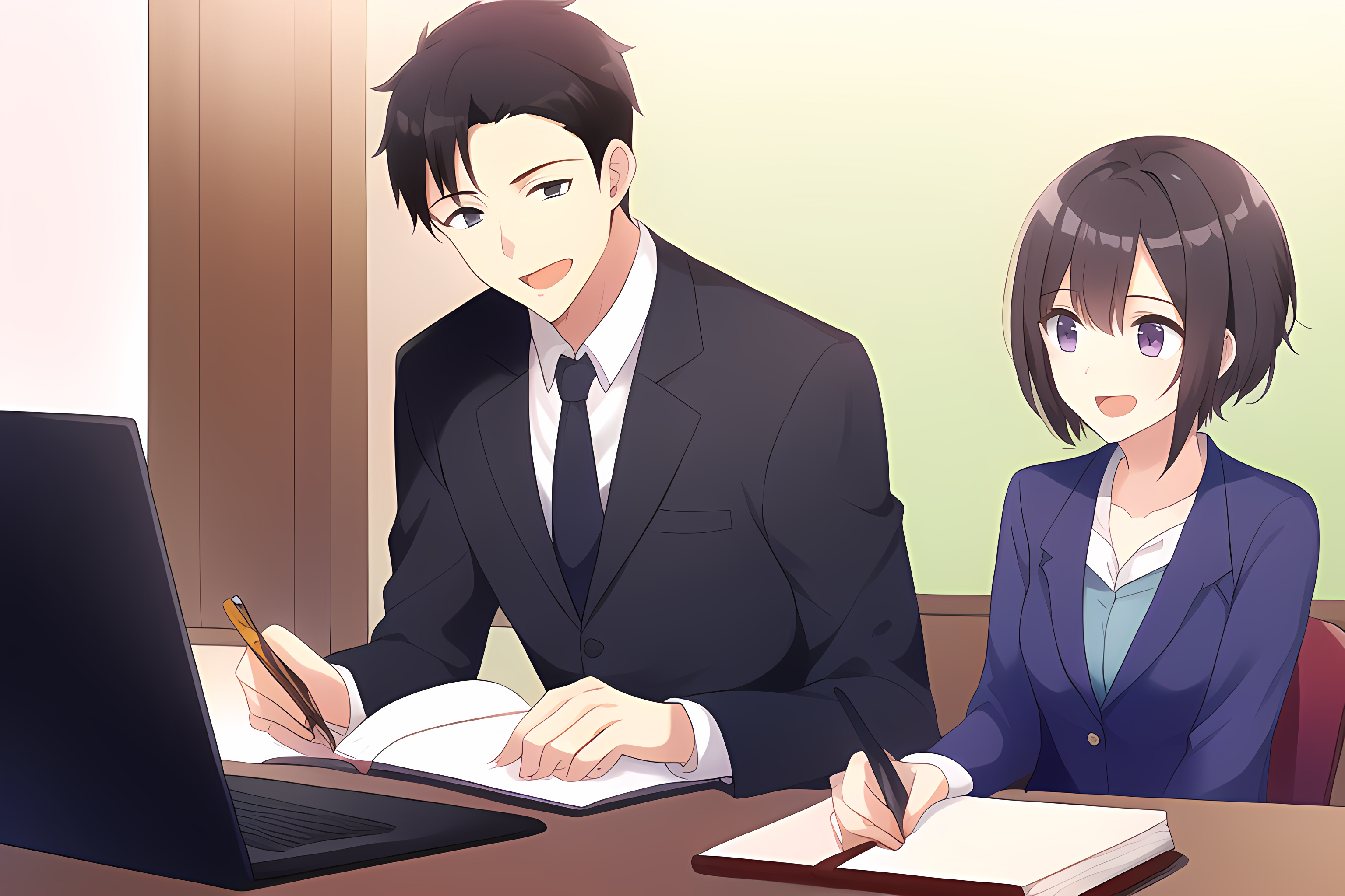 1boy, 1girl, talking,  respect, suit, office, working, laptop, holding notebook, s--1.png