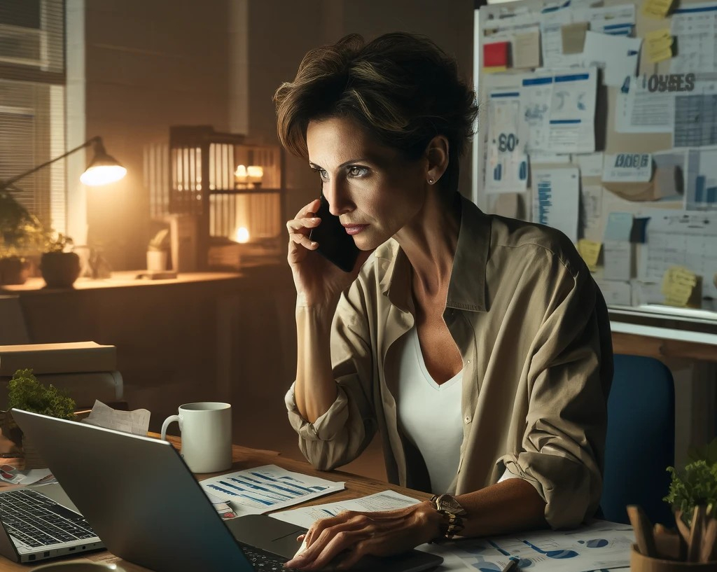 DALL·E 2025-04-17 01.22.37 - An intense and inspiring scene of a woman in her late 40s or 50s working hard to grow her newly established company. She is in a small but busy office.jpg