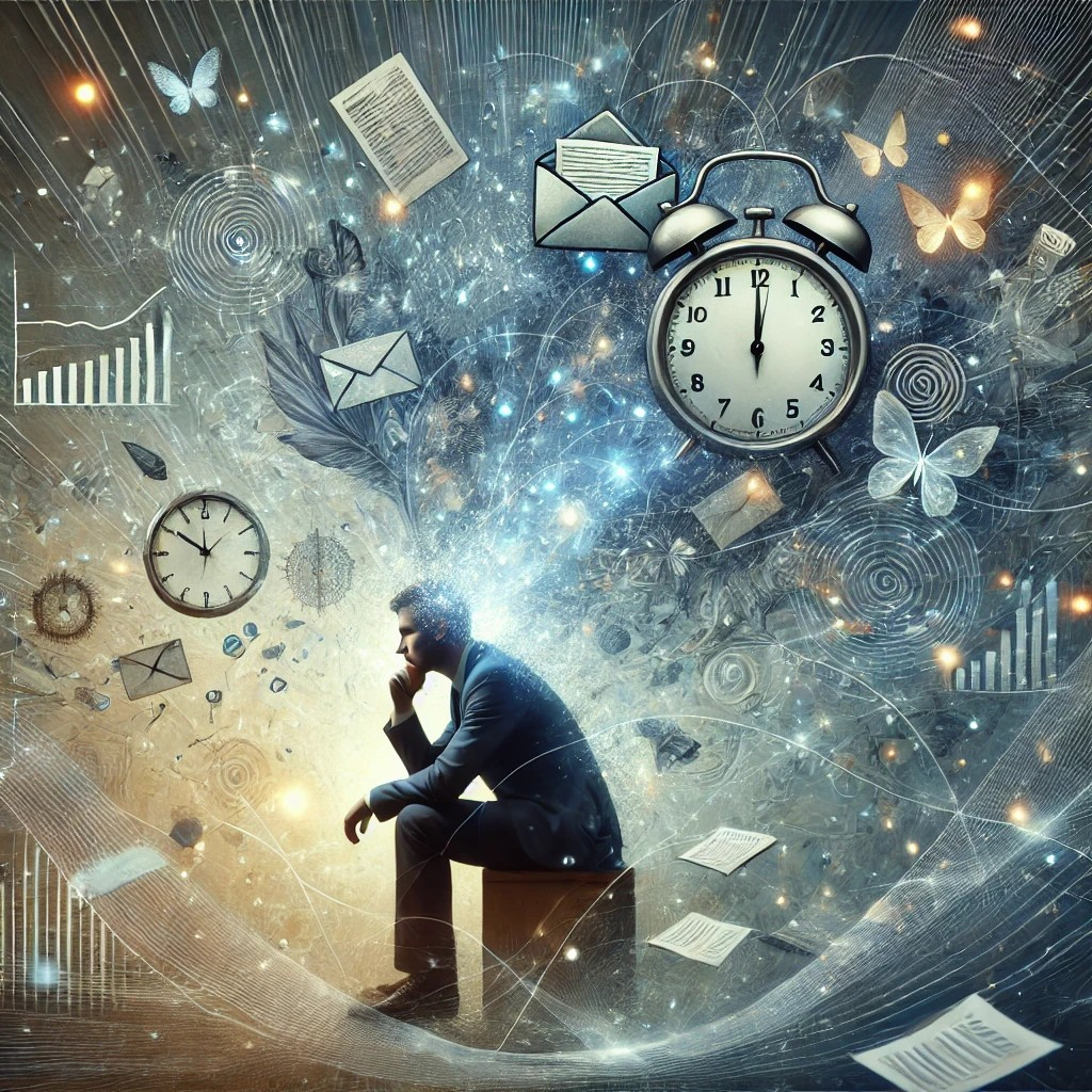 DALL·E 2025-10-19 01.27.13 - A surreal, symbolic illustration of a man overwhelmed by work. He sits or stands with a thoughtful expression as his head seems surrounded by swirling.jpg