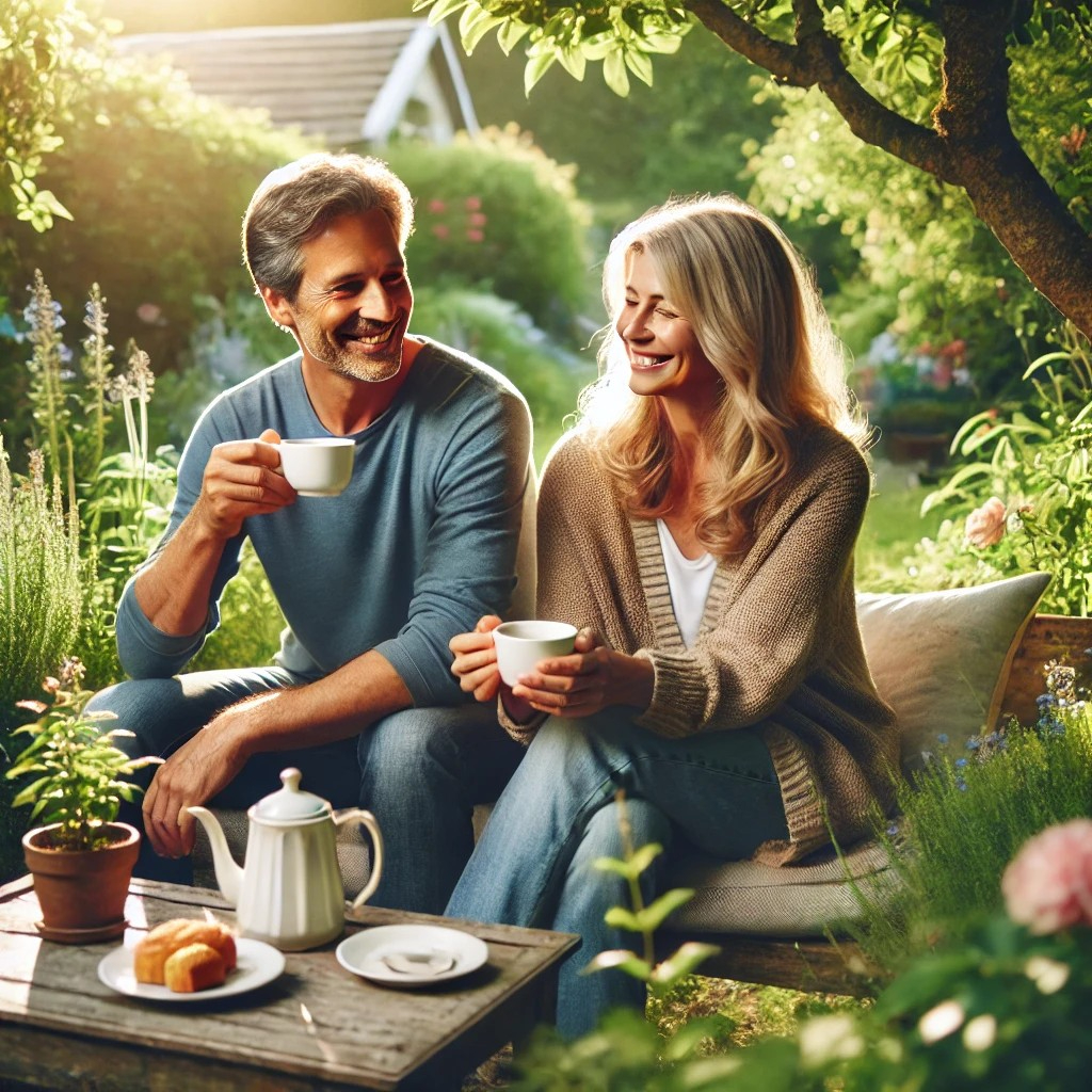 DALL·E 2025-07-11 11.21.34 - A relaxed middle-aged couple enjoying coffee together in a peaceful garden. They are sitting on a wooden bench or at a small patio table surrounded by.jpg