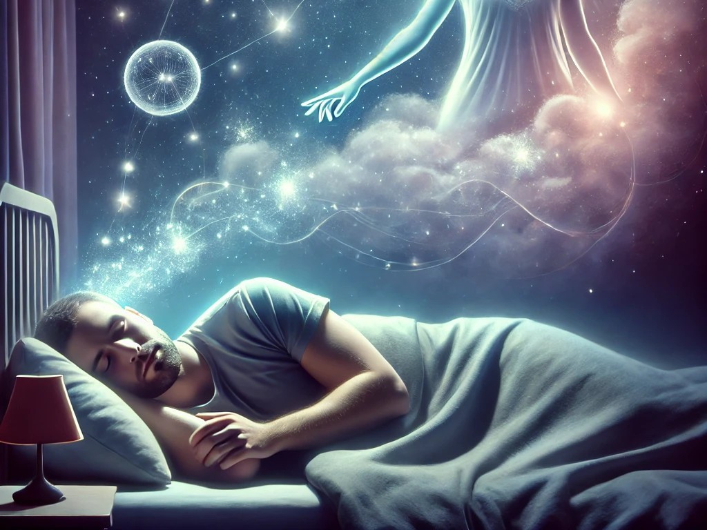 DALL·E 2025-04-15 05.17.31 - A peaceful scene of a man sleeping comfortably in his bed at night, a soft glow around him indicating he is in a dream state. Inside his dream, a surr.jpg