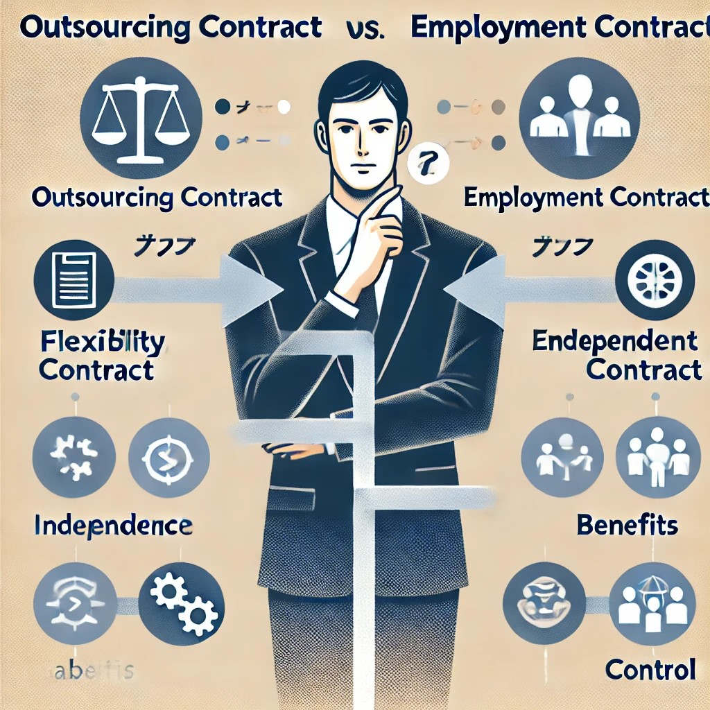 DALL·E 2024-11-03 10.46.34 - A detailed illustration showing a businessperson making a decision between '業務委託契約' (outsourcing contract) and '雇用契約' (employment contract), with icon.jpeg