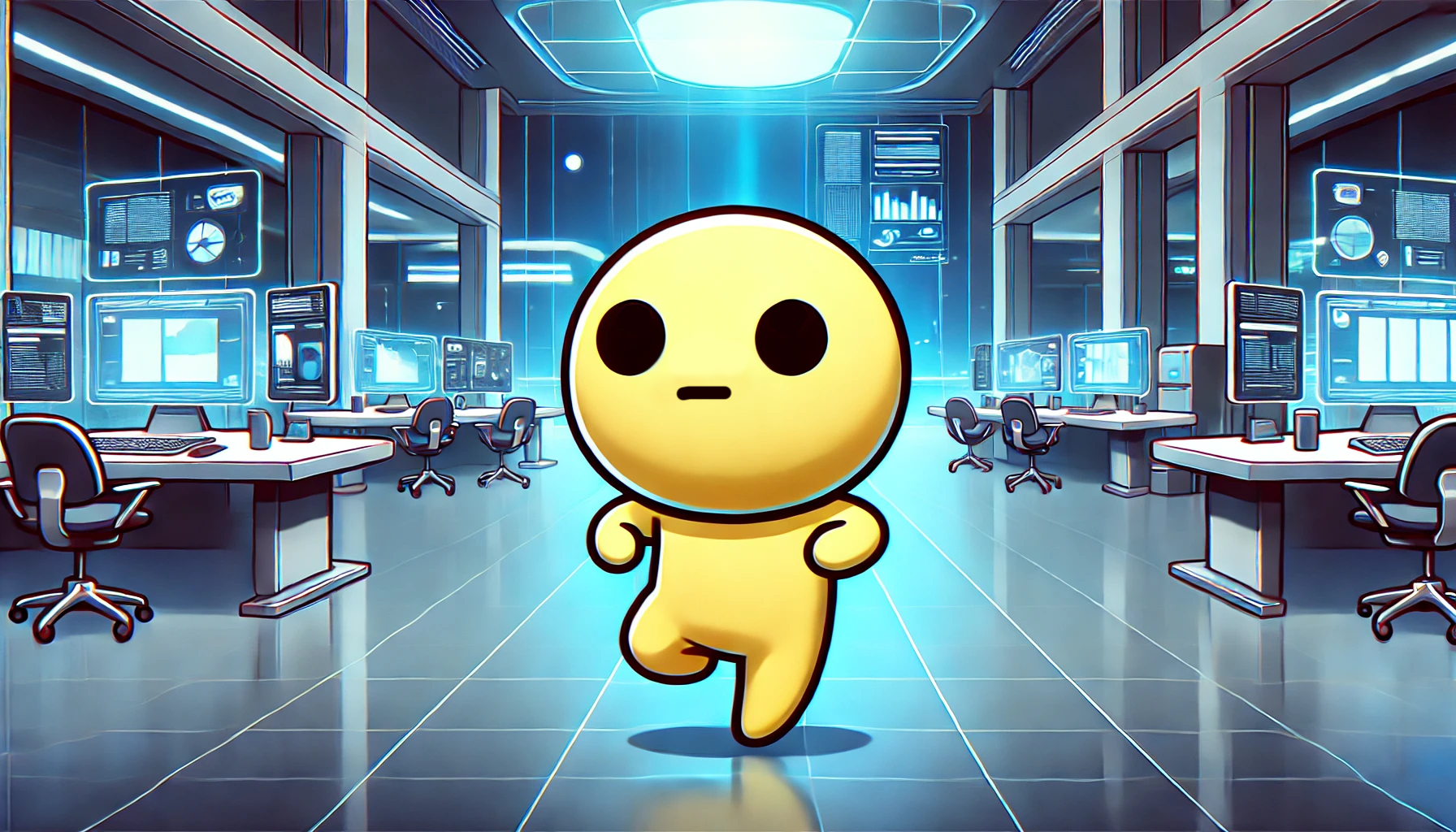 DALL·E 2024-08-20 11.09.20 - A wide, futuristic office background in a cartoonish anime style. The foreground features a simple yellow character with a round head, very simple bla.png