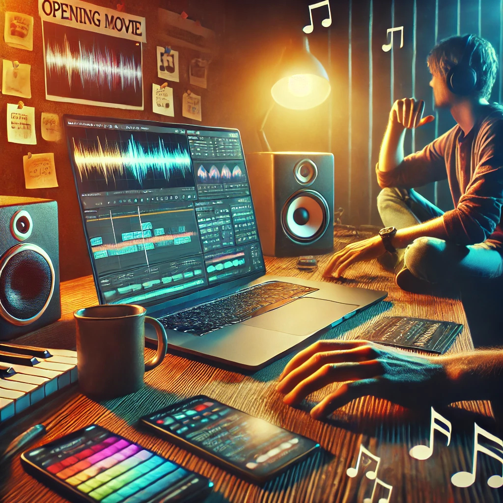 DALL·E 2024-10-24 10.44.35 - A scene showing the process of selecting the perfect song for an opening movie. The image includes a person sitting at a desk with headphones, surroun.png