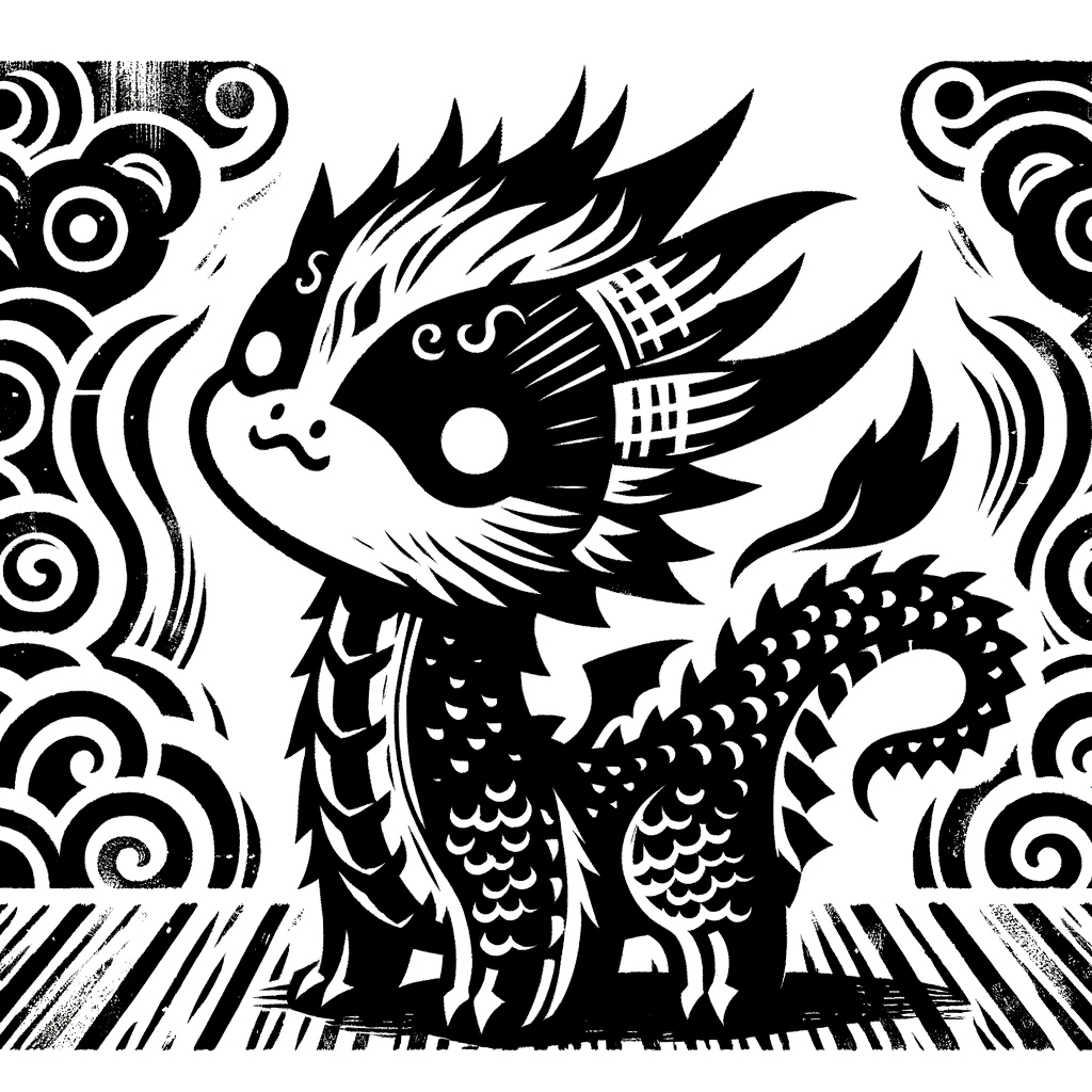 DALL·E 2023-11-18 20.32.33 - Transform the cute black and white dragon into a printmaking style, resembling traditional woodblock or linocut prints. Use bold lines and high contra.png