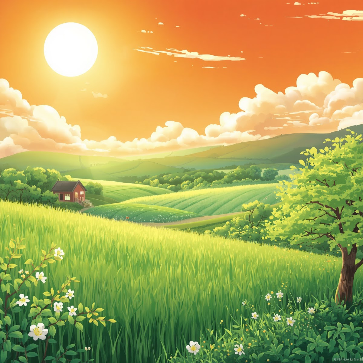 二十四節気の小満をテーマにした和風イラスト。初夏の明るい太陽の光が降り注ぐ風景。青々とした麦畑や田んぼ、新緑の木々。柔らかな風が吹き、穏やかな日本の田_20260520_041913_0000.png