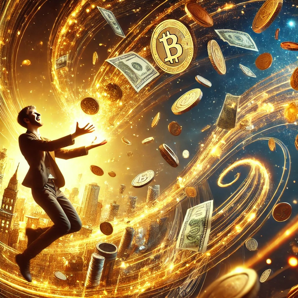 DALL·E 2025-07-22 17.57.05 - A symbolic and vibrant image showing the concept that money flows in more as it is used. A smiling person joyfully gives away or spends money—coins or.jpg