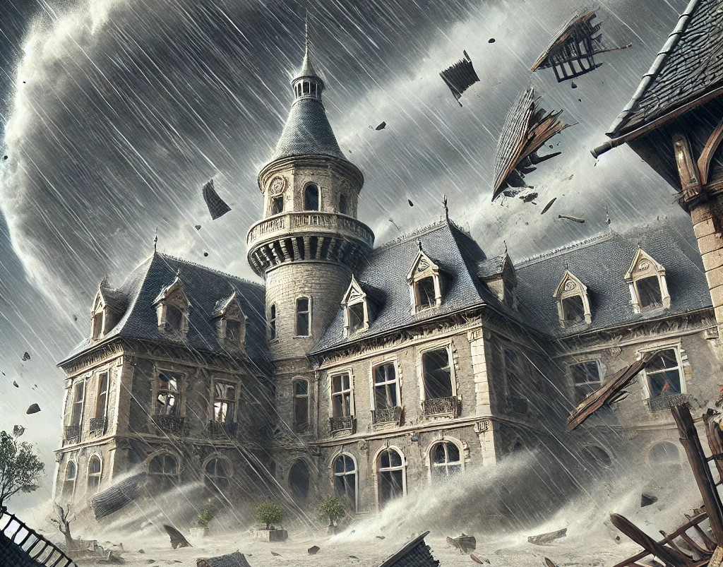 DALL·E 2025-04-29 00.23.45 - A dramatic and realistic scene showing a powerful typhoon hitting a grand European-style castle. Strong winds are tearing through the scene, and roof .jpg