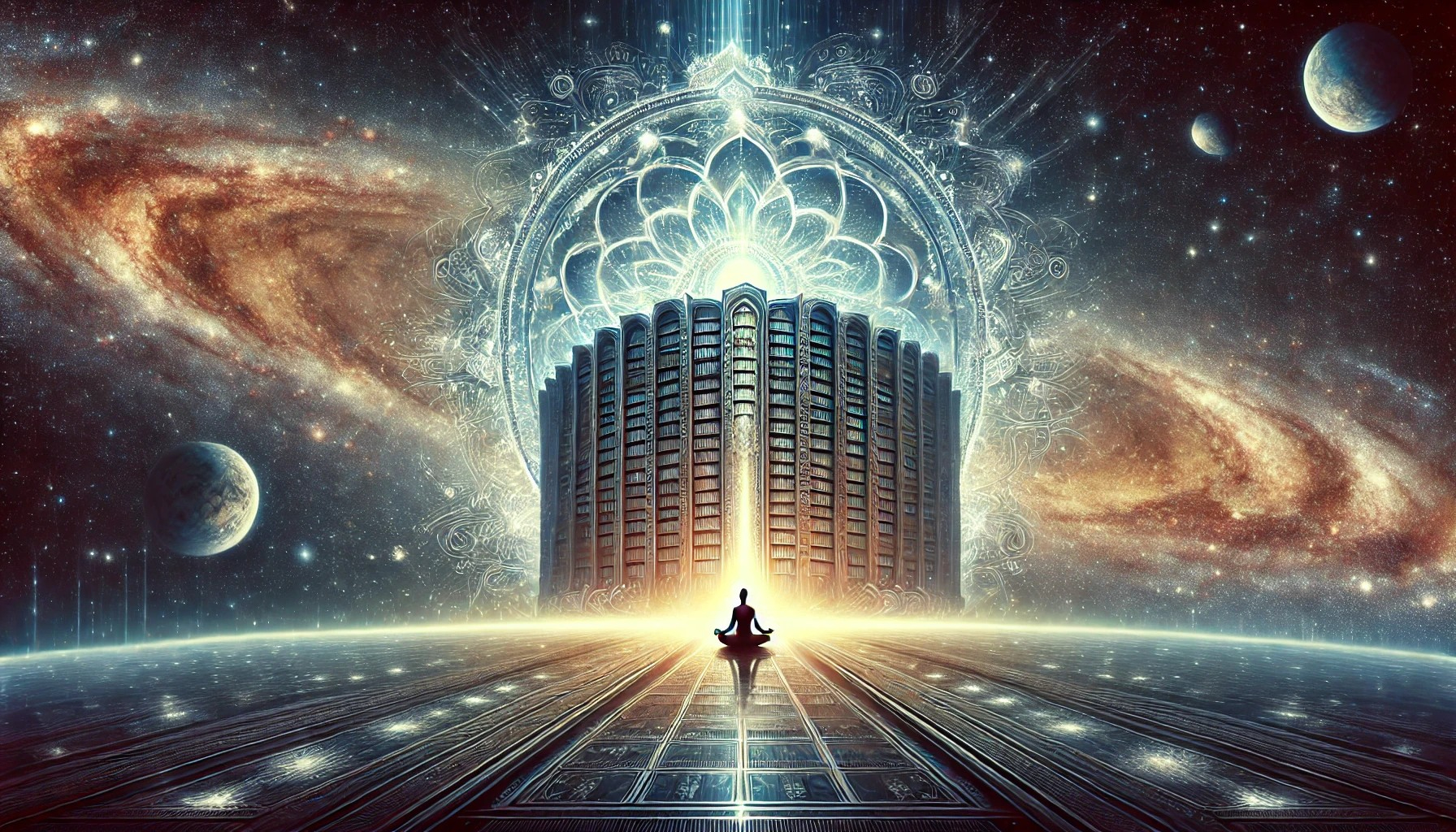 DALL·E 2024-12-20 21.38.31 - A wide, horizontal illustration of a massive, glowing library floating in the vastness of space. The library radiates light, with intricate cosmic pat.jpg
