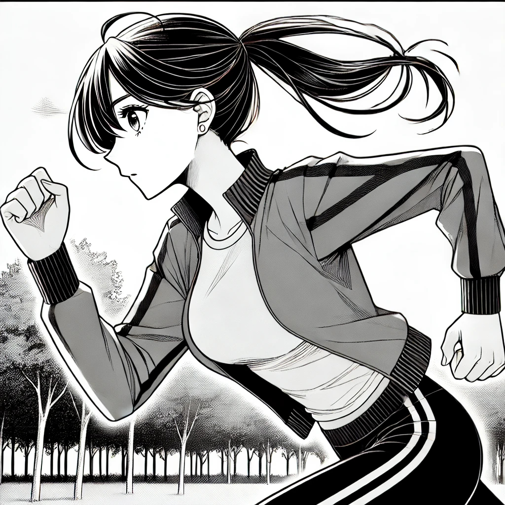 DALL·E 2024-12-26 14.30.45 - A black-and-white manga-style single-scene illustration of a young girl running outdoors with a forward-facing and determined gaze. She has her hair t.jpg