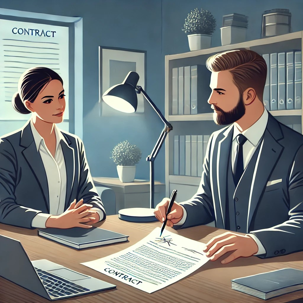 DALL·E 2024-10-26 15.09.52 - An illustration showing an administrative scrivener (legal consultant) advising a client on a contract in a modern, professional office setting. The s.jpeg