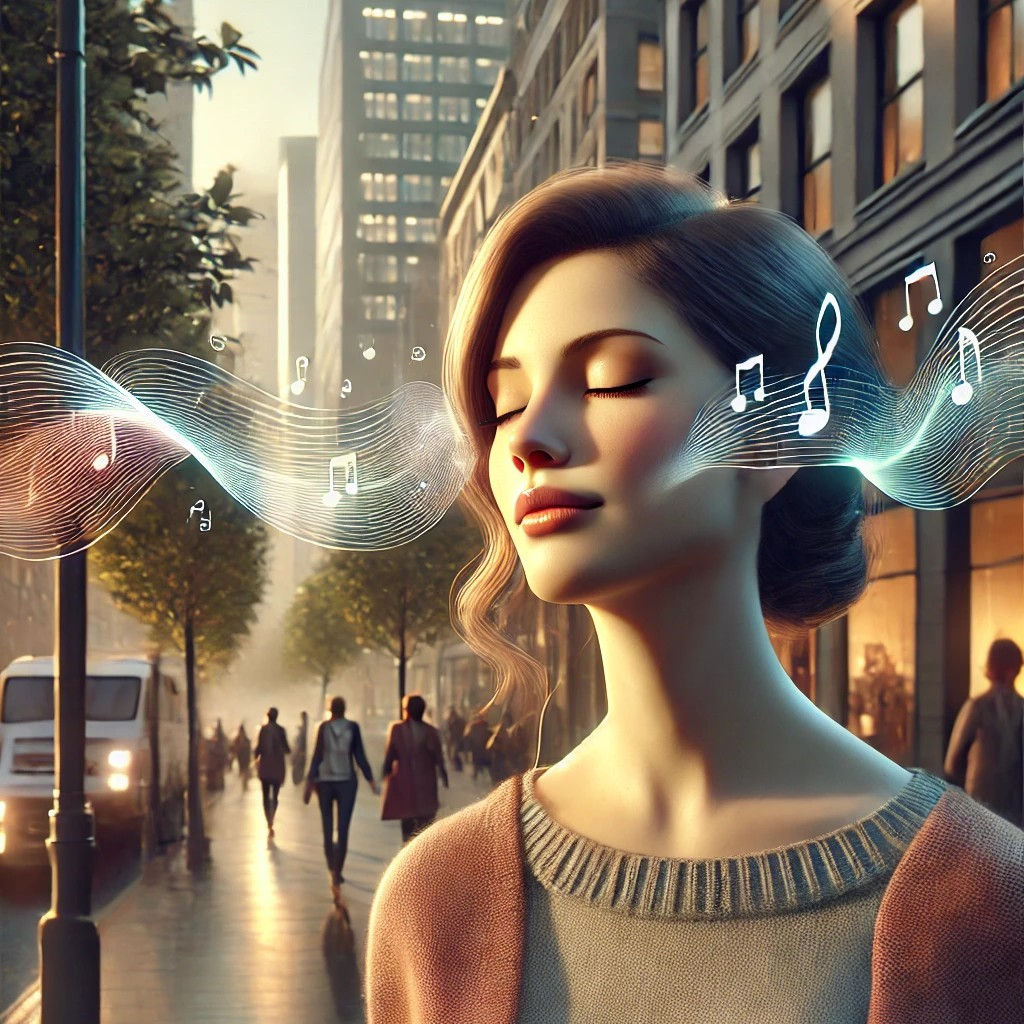 DALL·E 2025-10-26 00.25.44 - A realistic illustration of a woman walking through a lively city street while softly humming a tune to herself. She has a relaxed, content expression.jpg