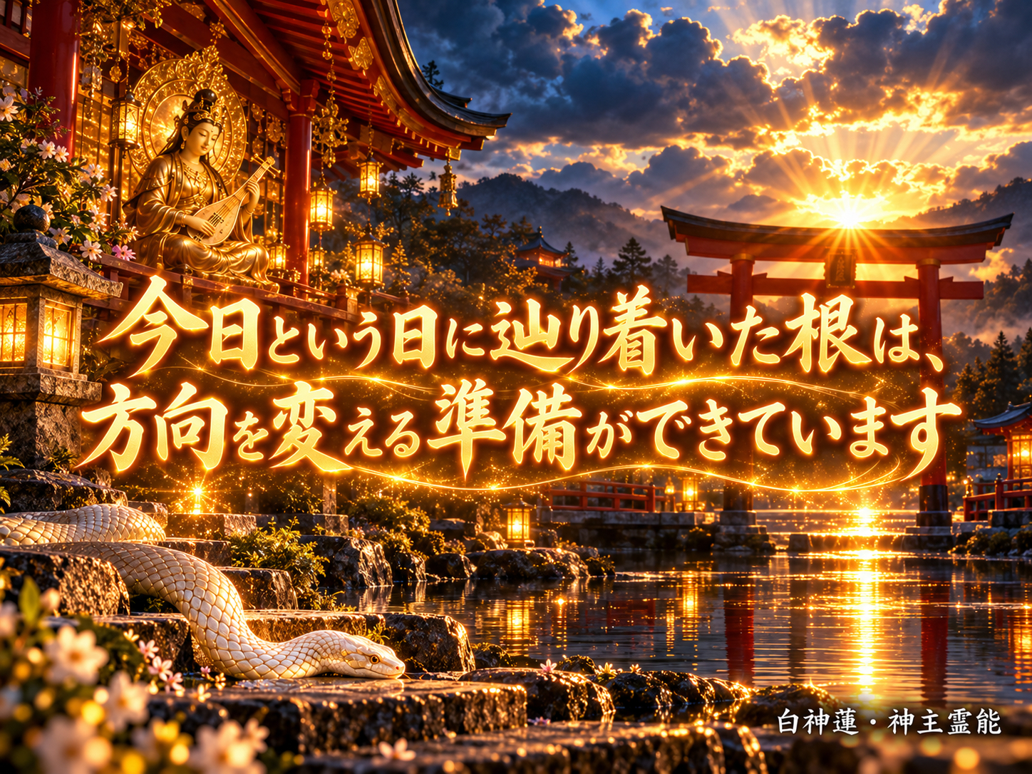 黄金の光に包まれた神社と白蛇.png