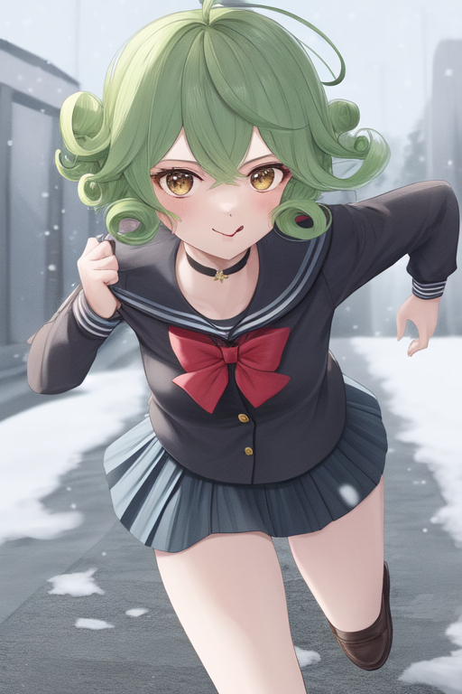 1804265173_1girl, solo, intricate detail, running, green hair, brown eyes, p, ahoge, curly hair, (school uniform)+, choker, snowing_0.png