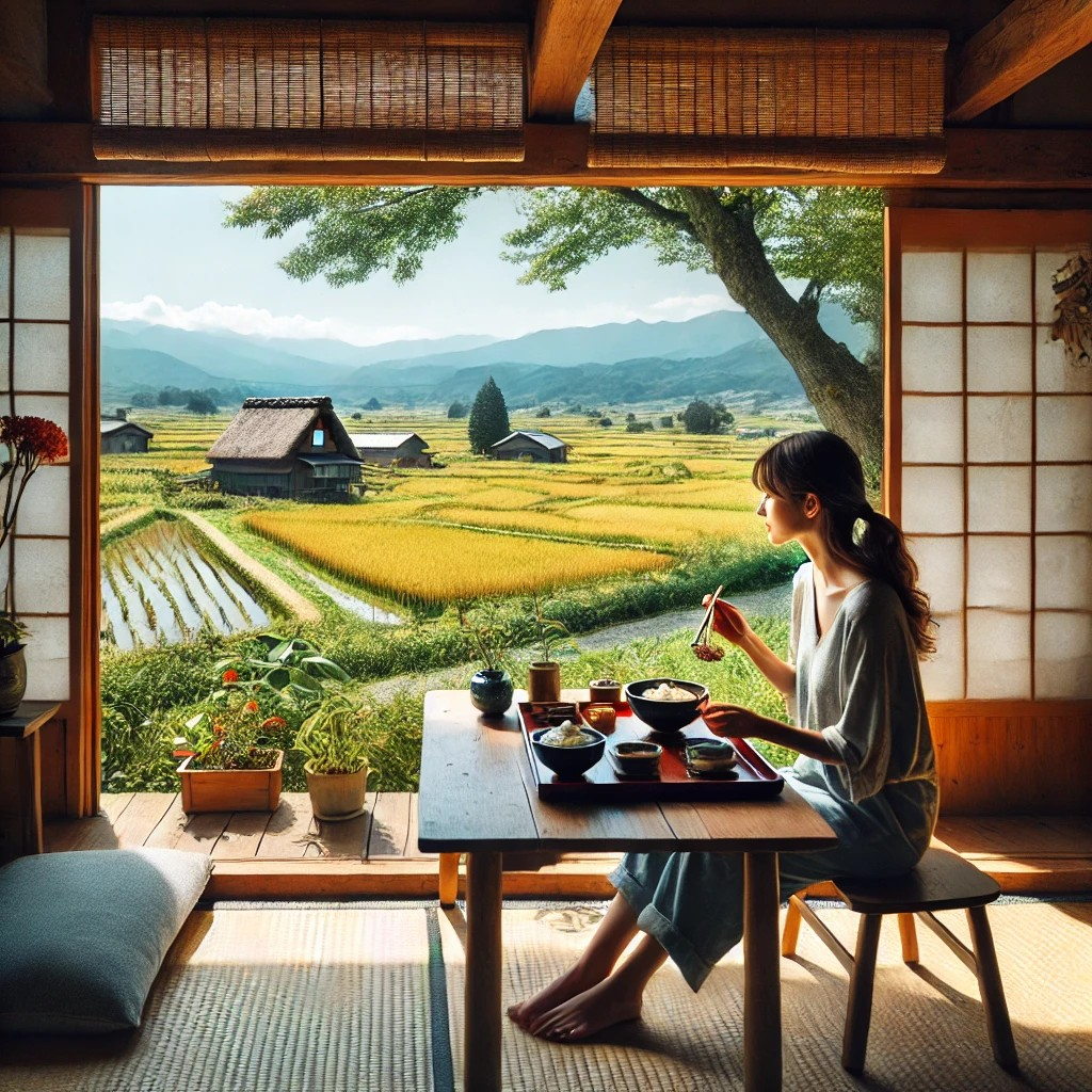 DALL·E 2025-08-06 13.17.03 - A peaceful and scenic image of a woman enjoying a quiet meal at a countryside kominka (traditional Japanese farmhouse) café. She is seated at a wooden.jpg