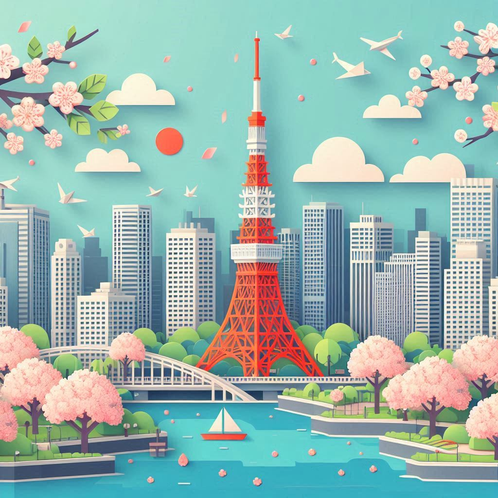 春景色の東京タワーだけのイラストをペーパークラフト調で描く。文字はイラストの中には絶対描かないこと.png