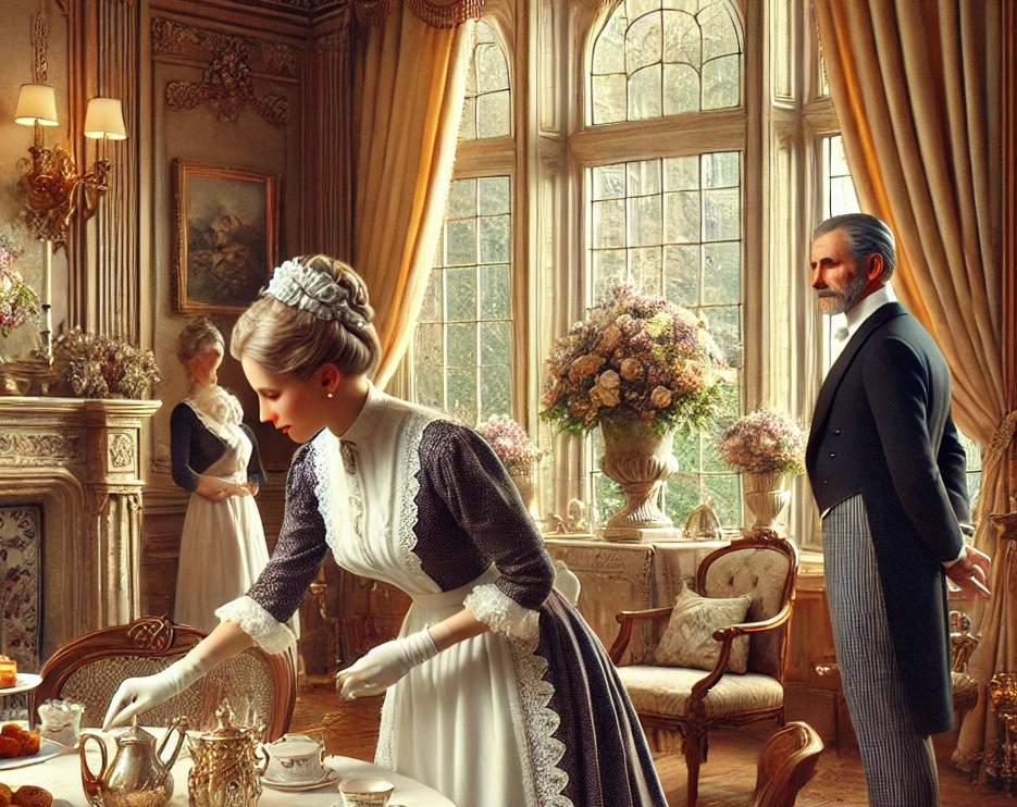 DALL·E 2025-05-04 23.03.27 - Inside a grand European-style castle's elegant tea room, a refined 40-something lady and a neatly dressed maid are preparing the space to welcome an i.jpg