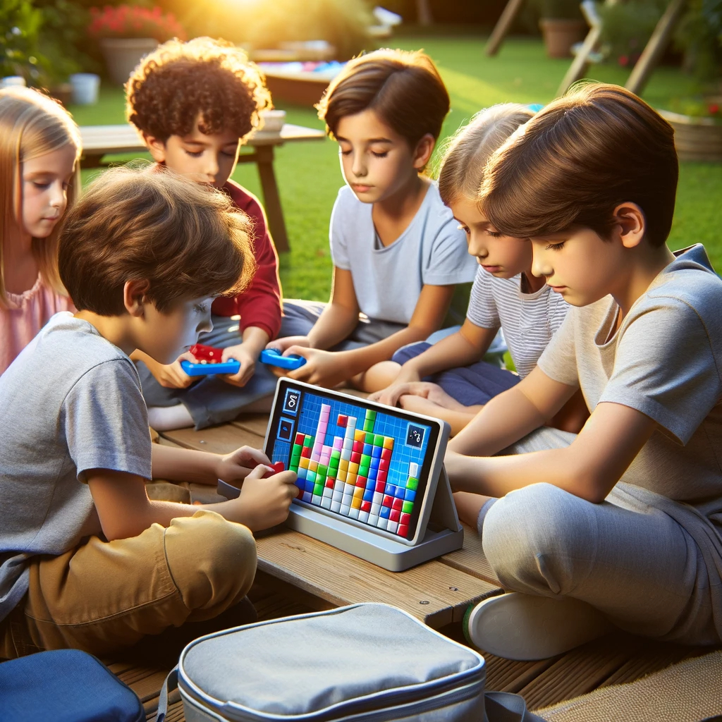 DALL·E 2023-11-07 17.59.00 - Create a peaceful image of school-aged children of various descents engaged in playing Tetris. They should be sitting in a serene outdoor setting, suc.png