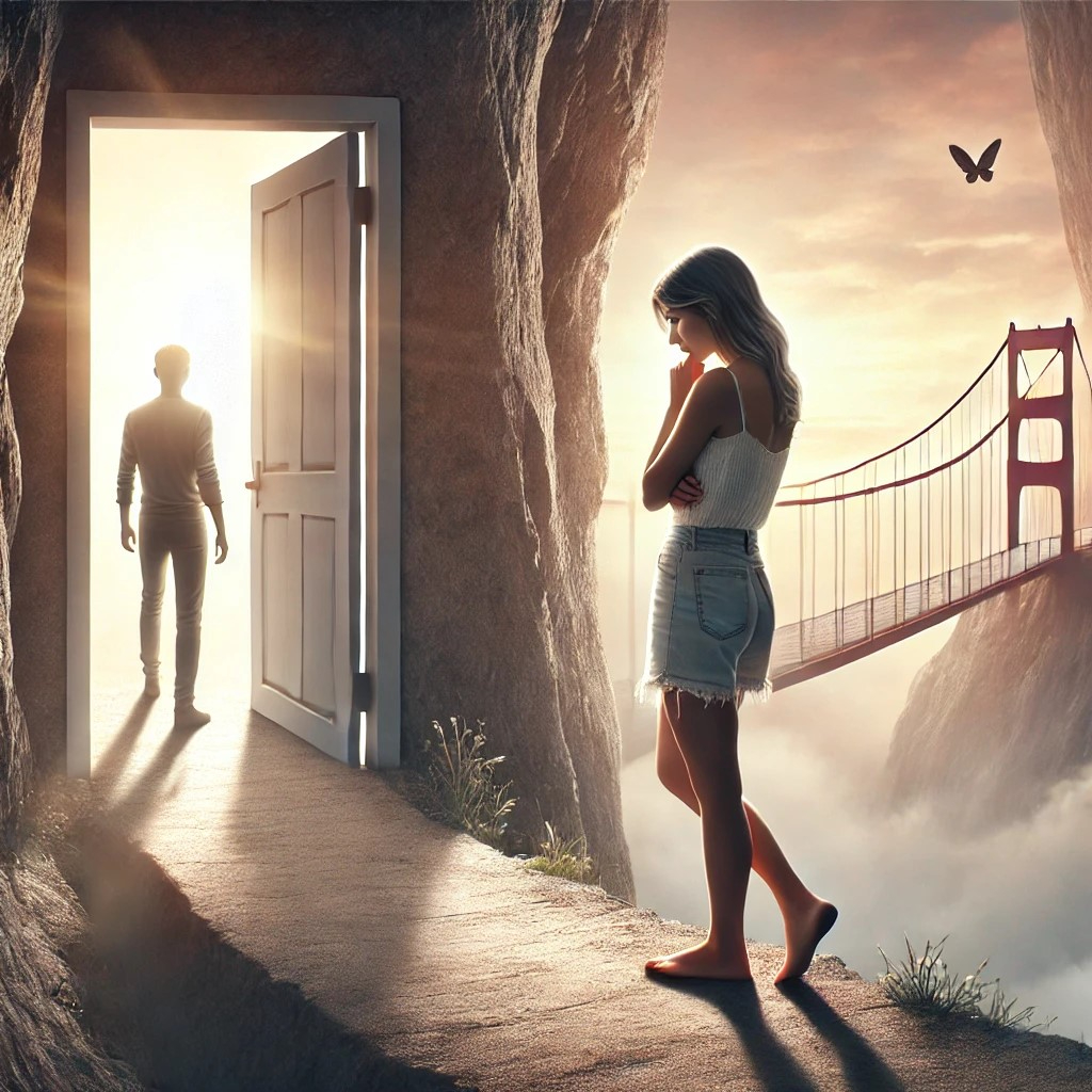 DALL·E 2025-07-22 18.48.04 - A symbolic and emotional image of a woman hesitating at the edge of a decision, unable to take the final step. She stands just in front of a doorway, .jpg