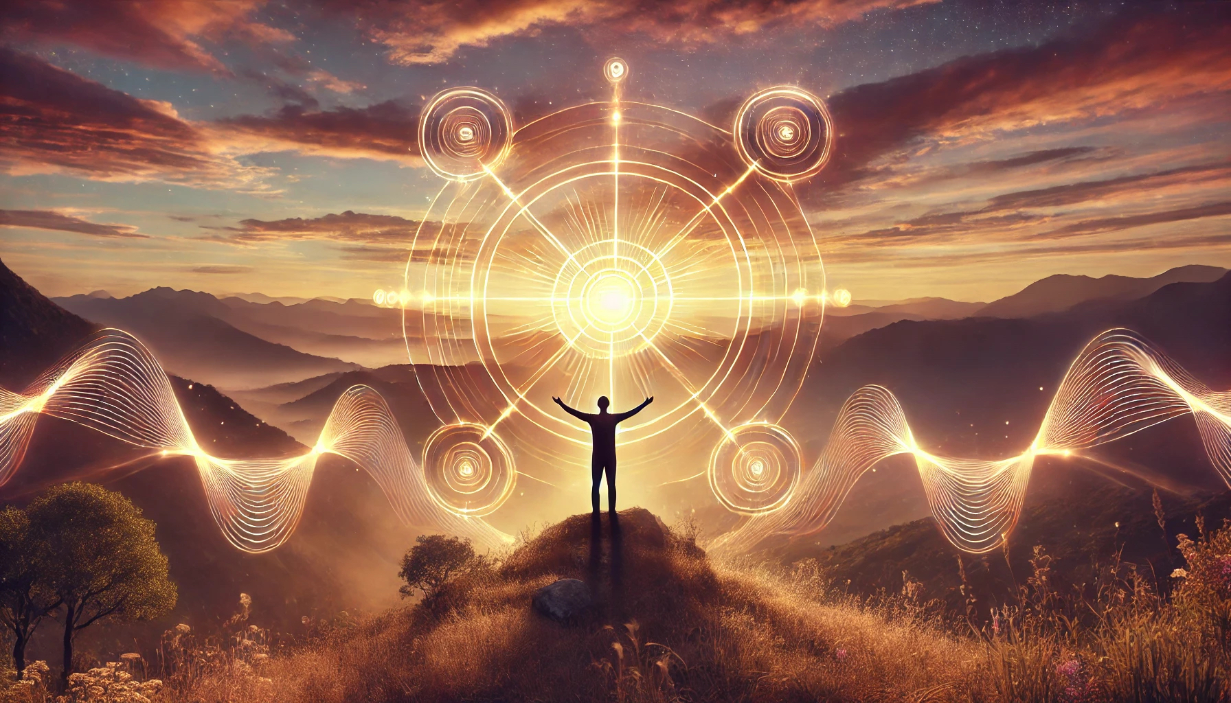 DALL·E 2025-01-12 19.37.18 - A peaceful and spiritual scene of a person standing on a hilltop, arms open to the sky at sunset, surrounded by glowing energy waves symbolizing harmo.png