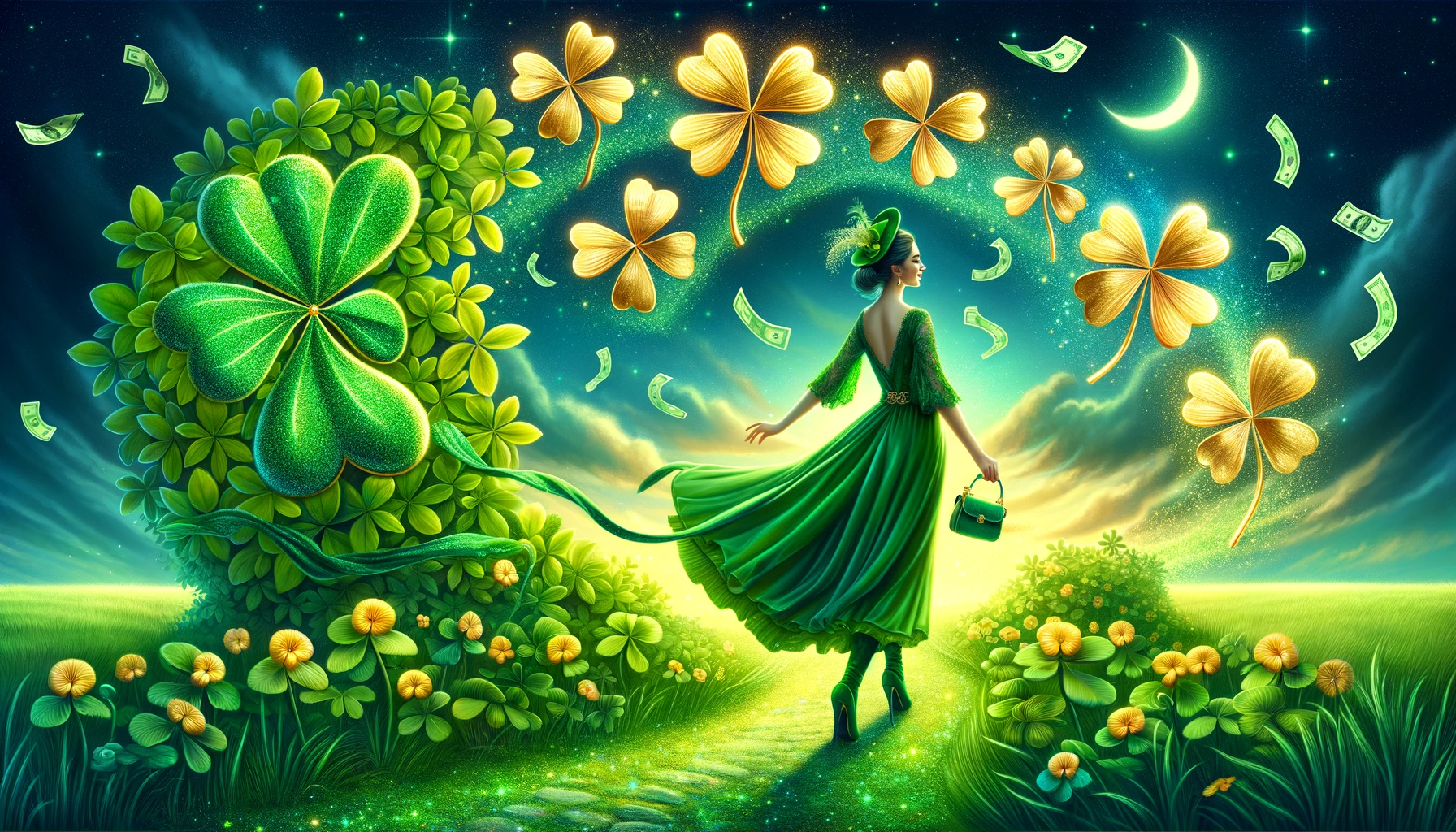 DALL·E 2023-11-08 18.30.09 - A whimsical image of a woman walking through a lush green garden, with a trail of four-leaf clovers sprouting behind her with each step. She is dresse.png
