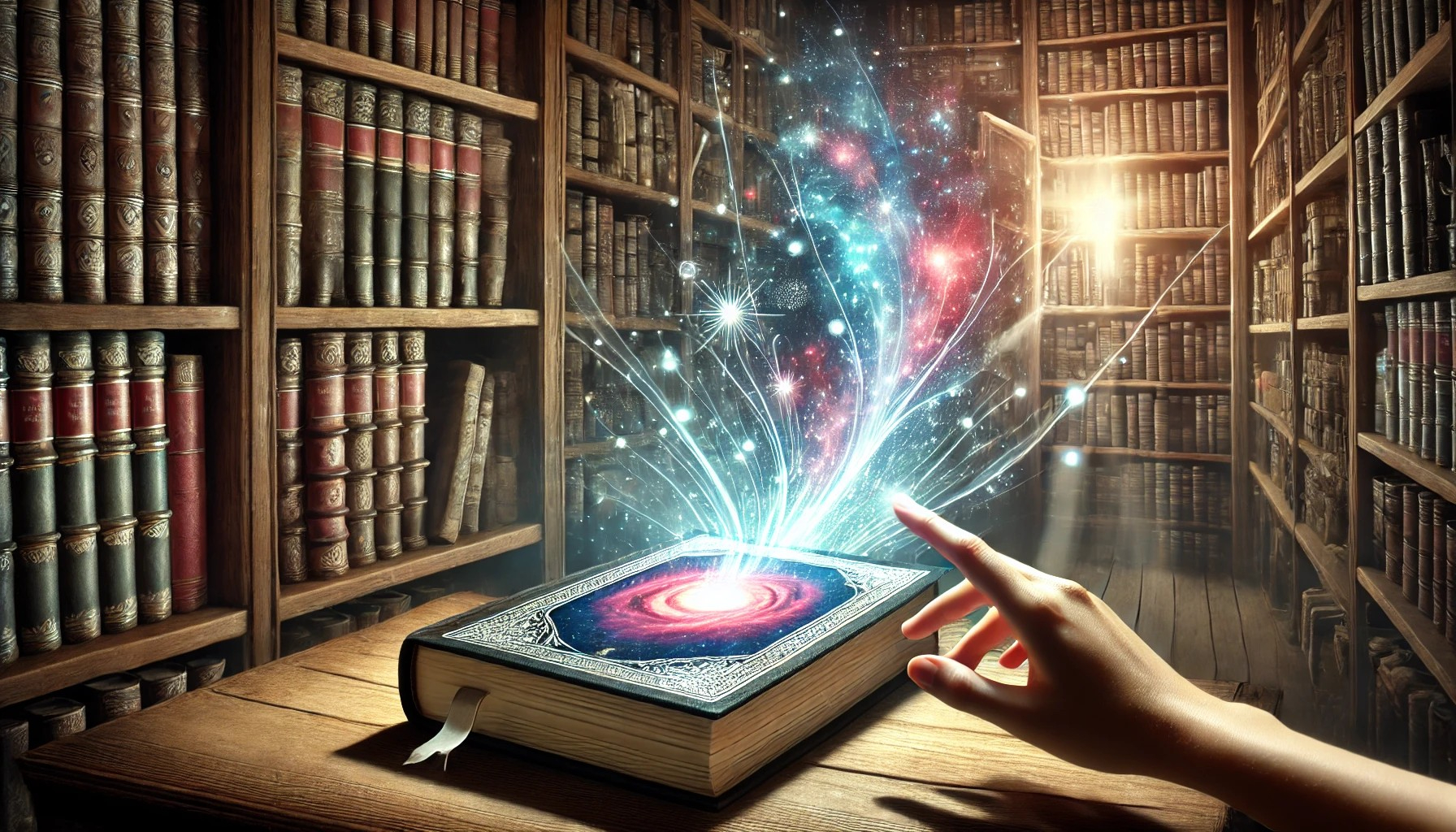 DALL·E 2024-12-20 21.38.15 - A wide, horizontal illustration of an ancient bookstore's corner, with shelves filled with dusty books. One thick book on the shelf glows faintly, sta.jpg