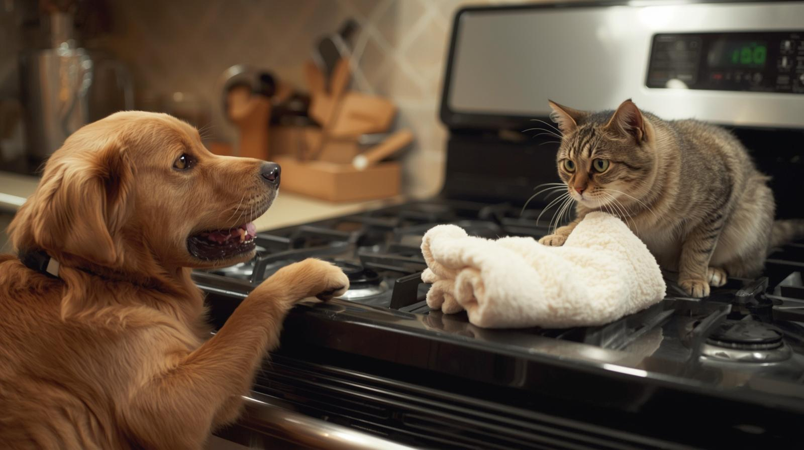 左に犬が前足でコンロのスイッチを押しているシーン、右に猫がストーブの上にタオルを落としているシーン.jpg