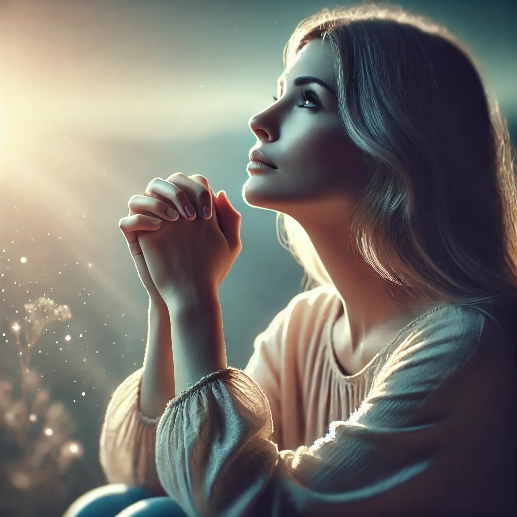 DALL·E 2025-08-07 22.48.30 - A heartfelt and emotional scene of a woman praying sincerely with deep hope. She is kneeling or sitting peacefully, hands clasped tightly in front of .jpg