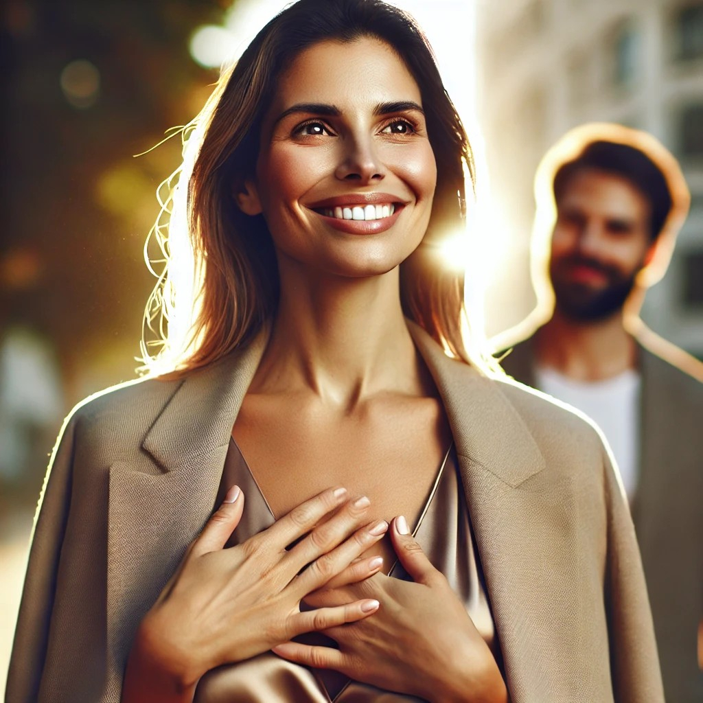 DALL·E 2025-07-10 17.52.28 - A confident and radiant woman in her 30s, smiling warmly as she stands or walks outdoors in natural sunlight. Her posture is open and self-assured, an.jpg