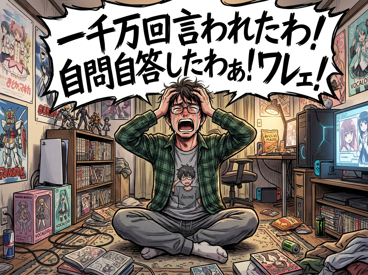 Firefly_Gemini Flash_チー牛っぽい人が、「一千万回言われたわ！自問自答したわぁ！ワレェ！」_と嘆いているイラストを作成してください。 807276.png