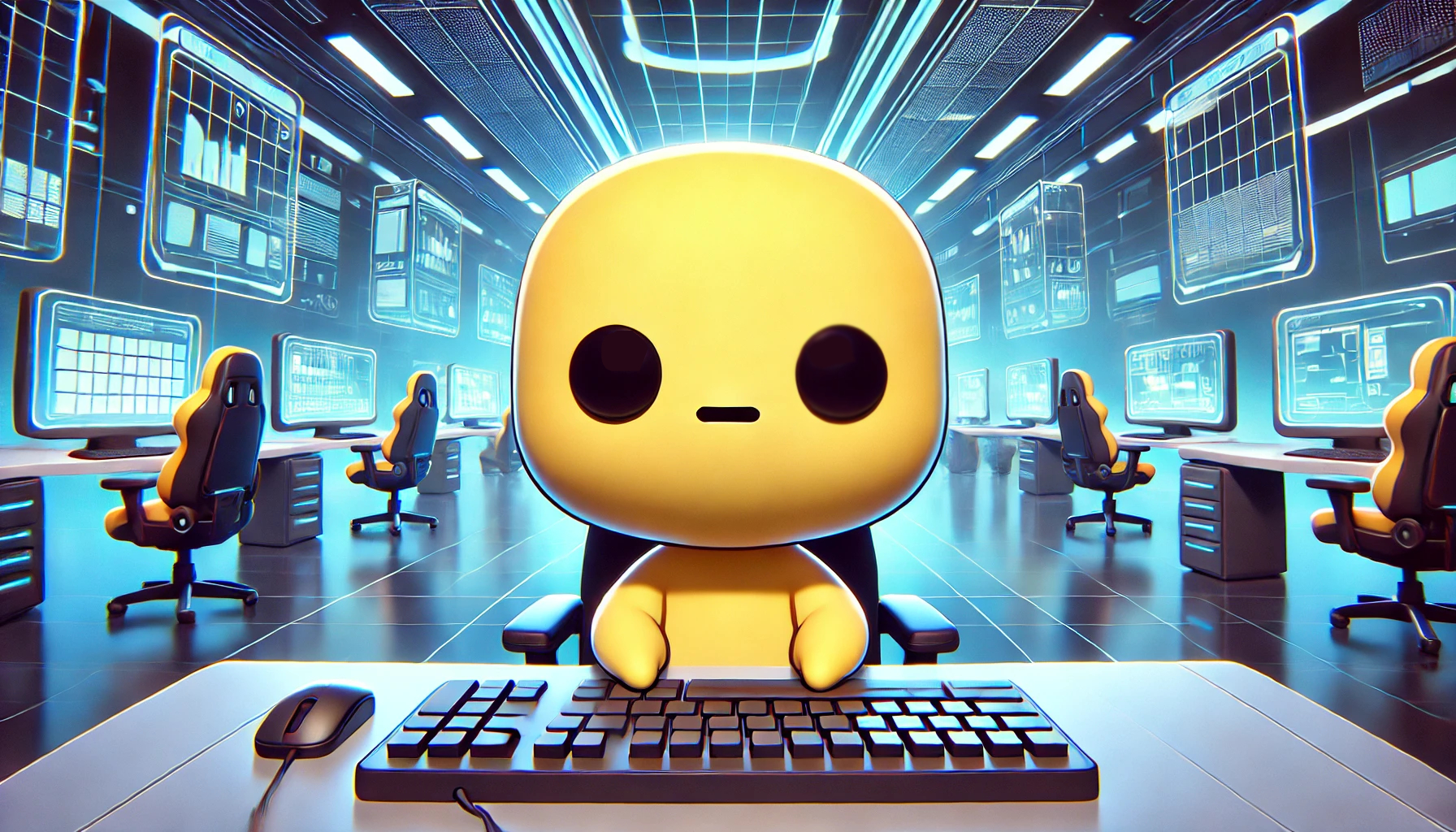 DALL·E 2024-08-21 00.35.53 - A wide, futuristic office background in a cartoonish anime style. The foreground features the same simple yellow character with a round head, very sim.png