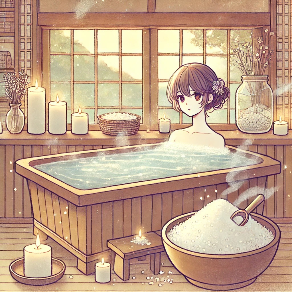 DALL·E 2025-01-21 02.06.58 - An anime-style illustration of a serene young woman relaxing in a salt bath. The bath is surrounded by candles and a bowl of sea salt, creating a tran.jpg