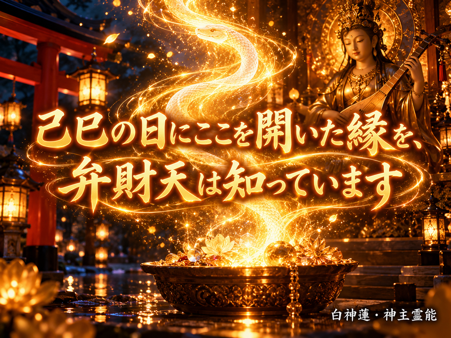 金色に輝く弁財天と白蛇の神殿.png