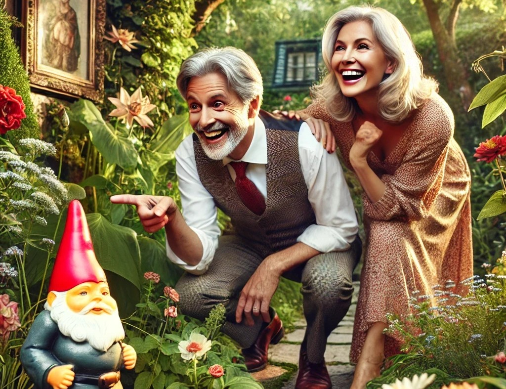DALL·E 2025-05-05 21.42.40 - A charming and whimsical garden scene where a refined 40-something couple is joyfully searching for a very small gnome statue inspired by Paracelsus' .jpg