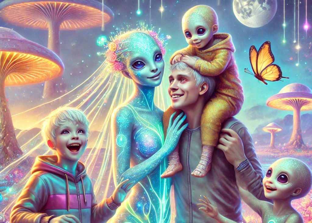 DALL·E 2025-05-20 21.02.55 - A fantastical and joyful scene of an interspecies family consisting of a human and an alien as a couple, playing with their children in a dreamlike, m.jpg