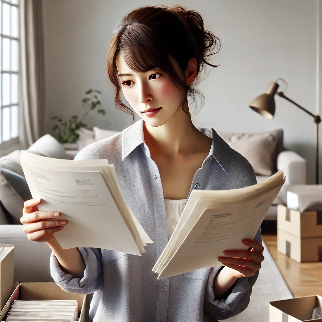 DALL·E 2025-10-01 10.36.48 - A realistic image of a Japanese woman in her 30s or 40s, wearing modern Western-style casual clothing, sitting or standing in her living room while ho.jpg