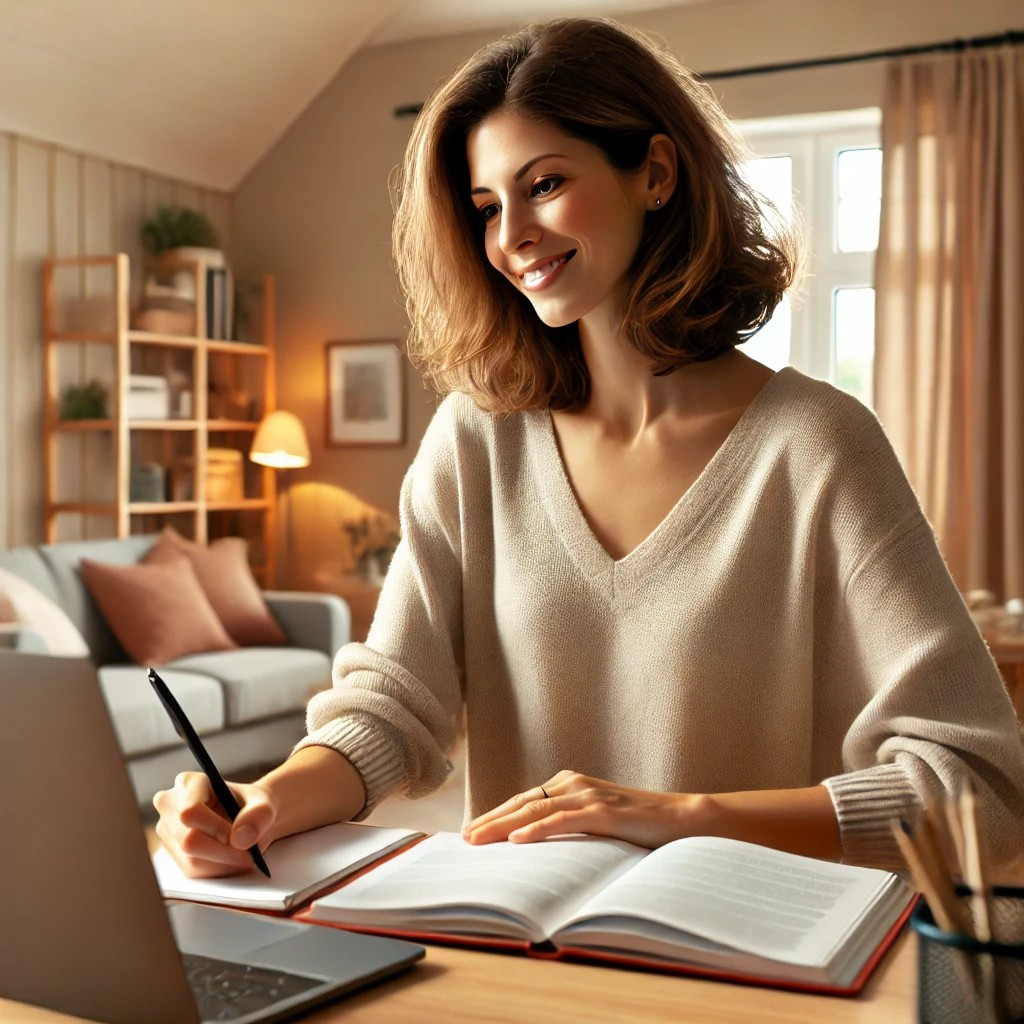 DALL·E 2025-10-11 10.00.59 - A woman in her 30s studying enthusiastically in an online course at home. She sits at a desk with a laptop open, taking notes in a notebook. The room .jpg